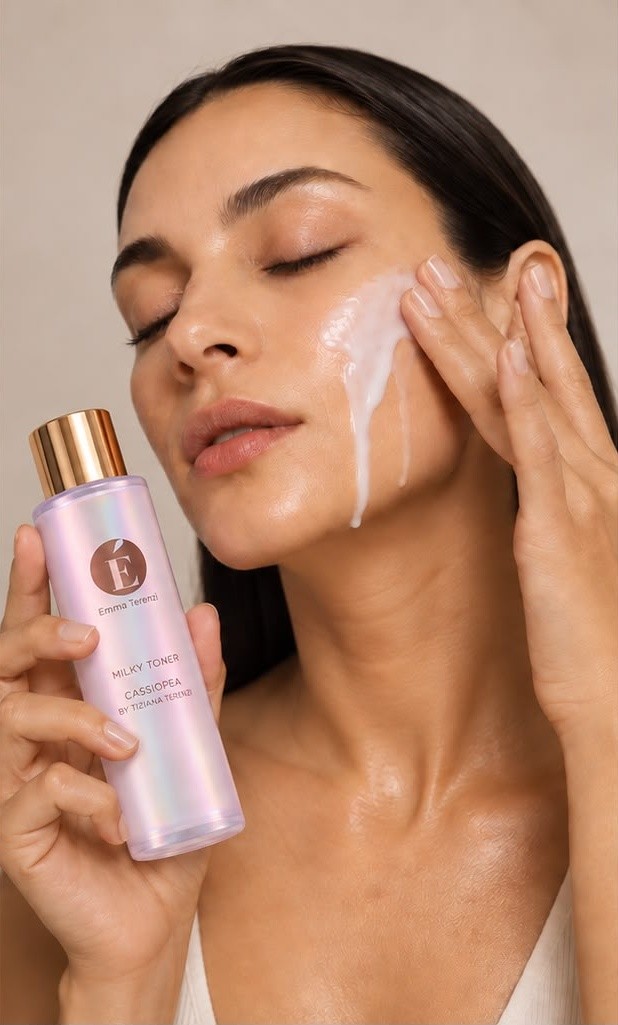 The Cassiopea ritual: the milky toner patted onto the cheek