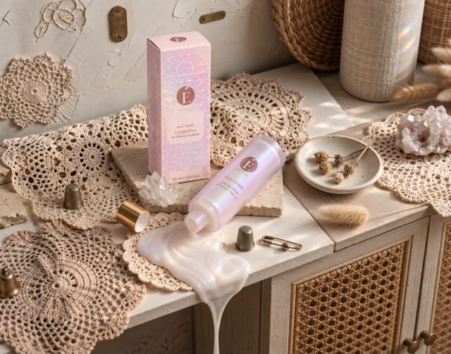 EMMAT Cassiopea Milky Toner and its box on a sideboard dressed with crochet lace